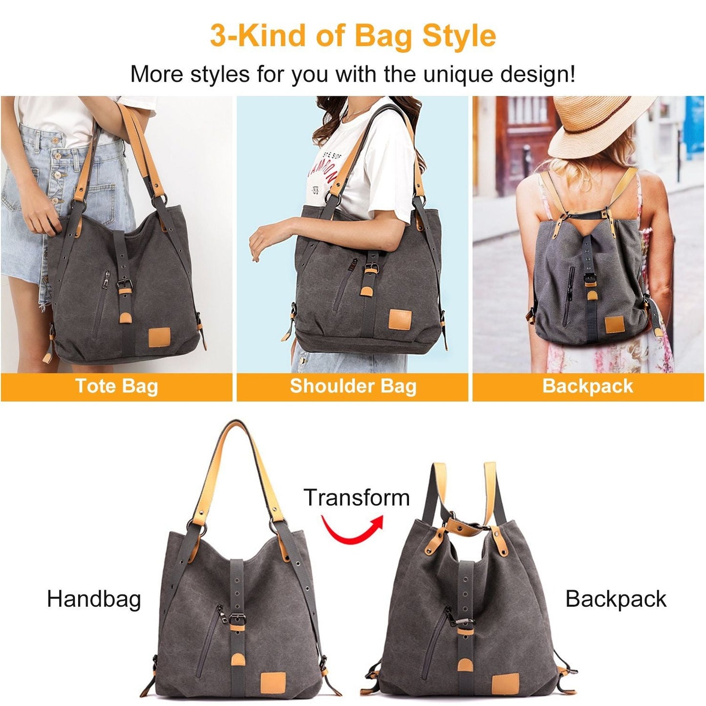 Ladies Canvas Tote Bag Multifunctional Purse Handbag Adjustable Shoulder Rucksack Convertible Backpack Wear-Resistant Dirt-Proof For Women School Office Travel New Era Fashion LLc