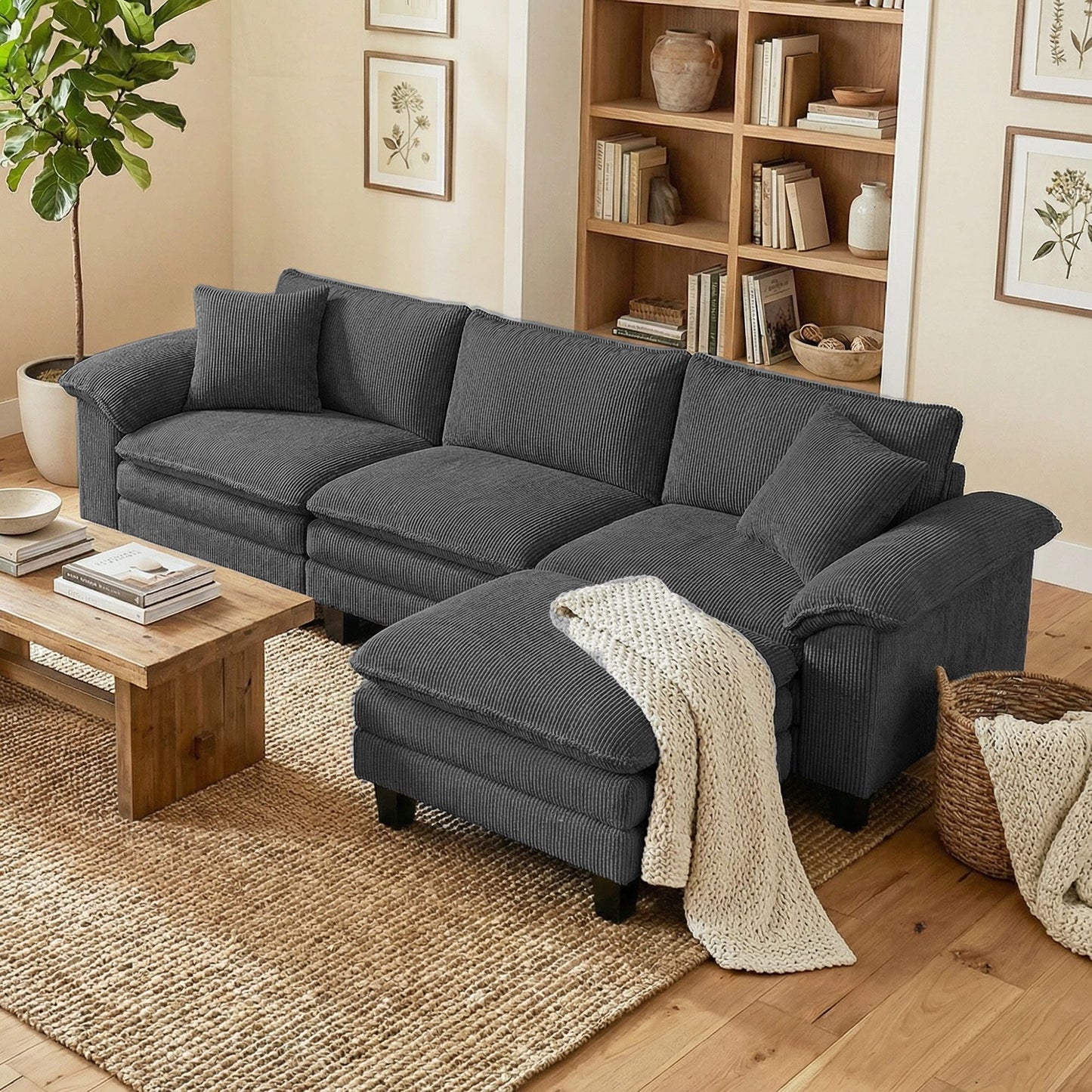 Sectional Sofa, L Shaped Couch with Deep Seat, Movable Ottoman and Pillow-top Armrests, Dark Gray New Era Fashion LLc