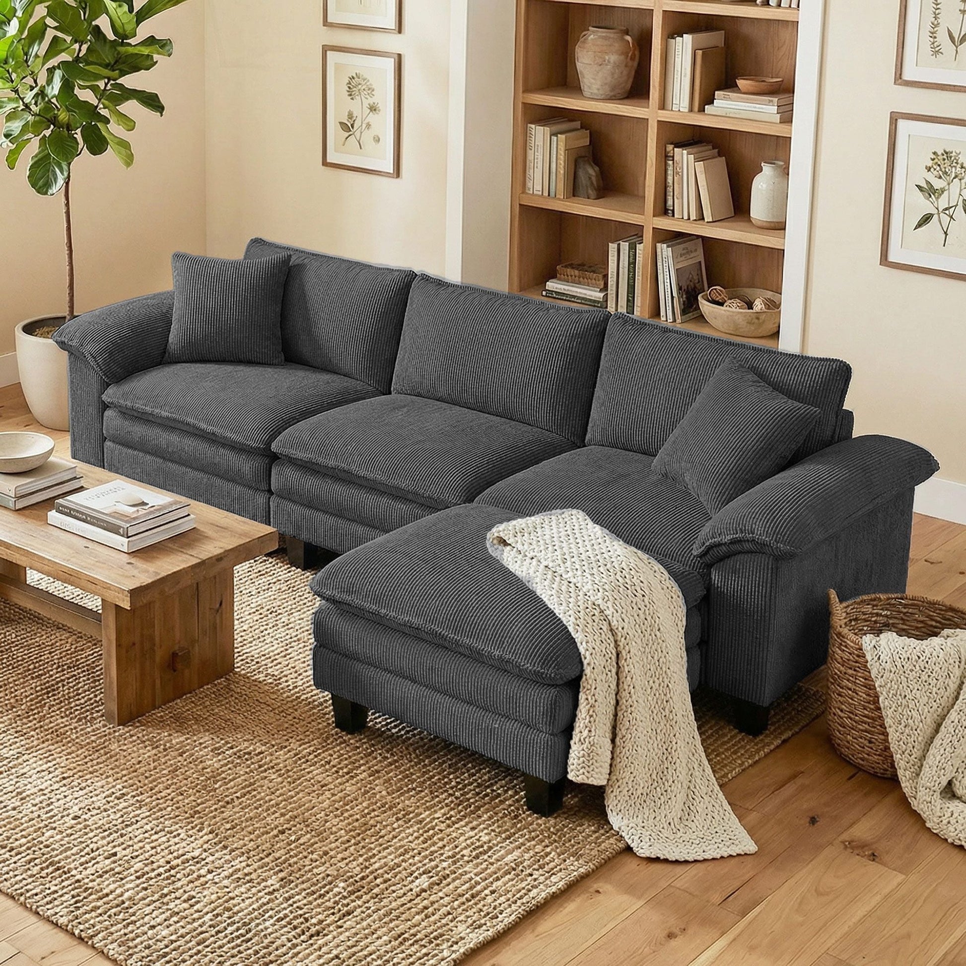 Sectional Sofa, L Shaped Couch with Deep Seat, Movable Ottoman and Pillow-top Armrests, Dark Gray New Era Fashion LLc
