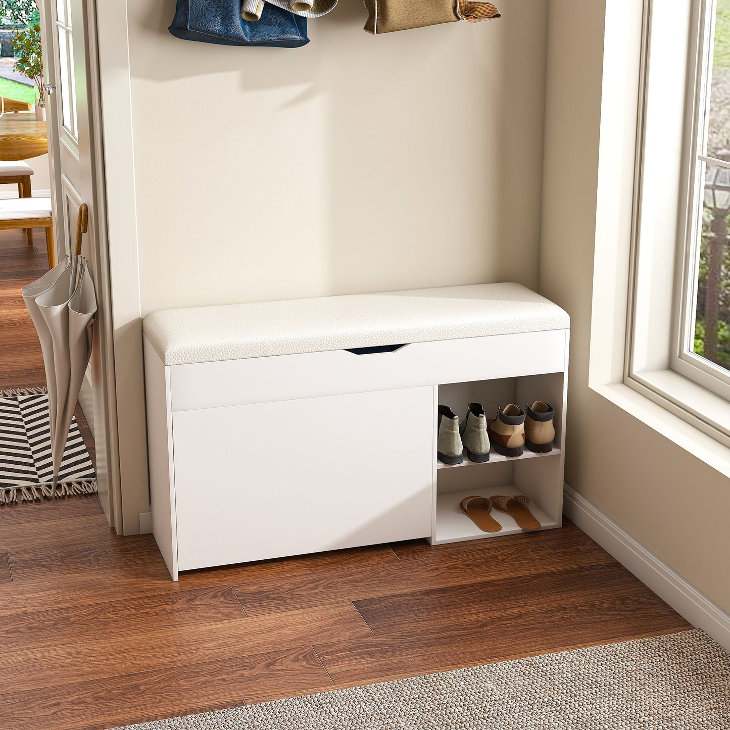 Entryway Bench with Shoe Storage,Adjustable 3-Tier Flip-Up Drawers & Hidden Cabinet,Space-Saving Shoe Organizer,Triple Storage and Modern Design,for Hallway and Living Room New Era Fashion LLc
