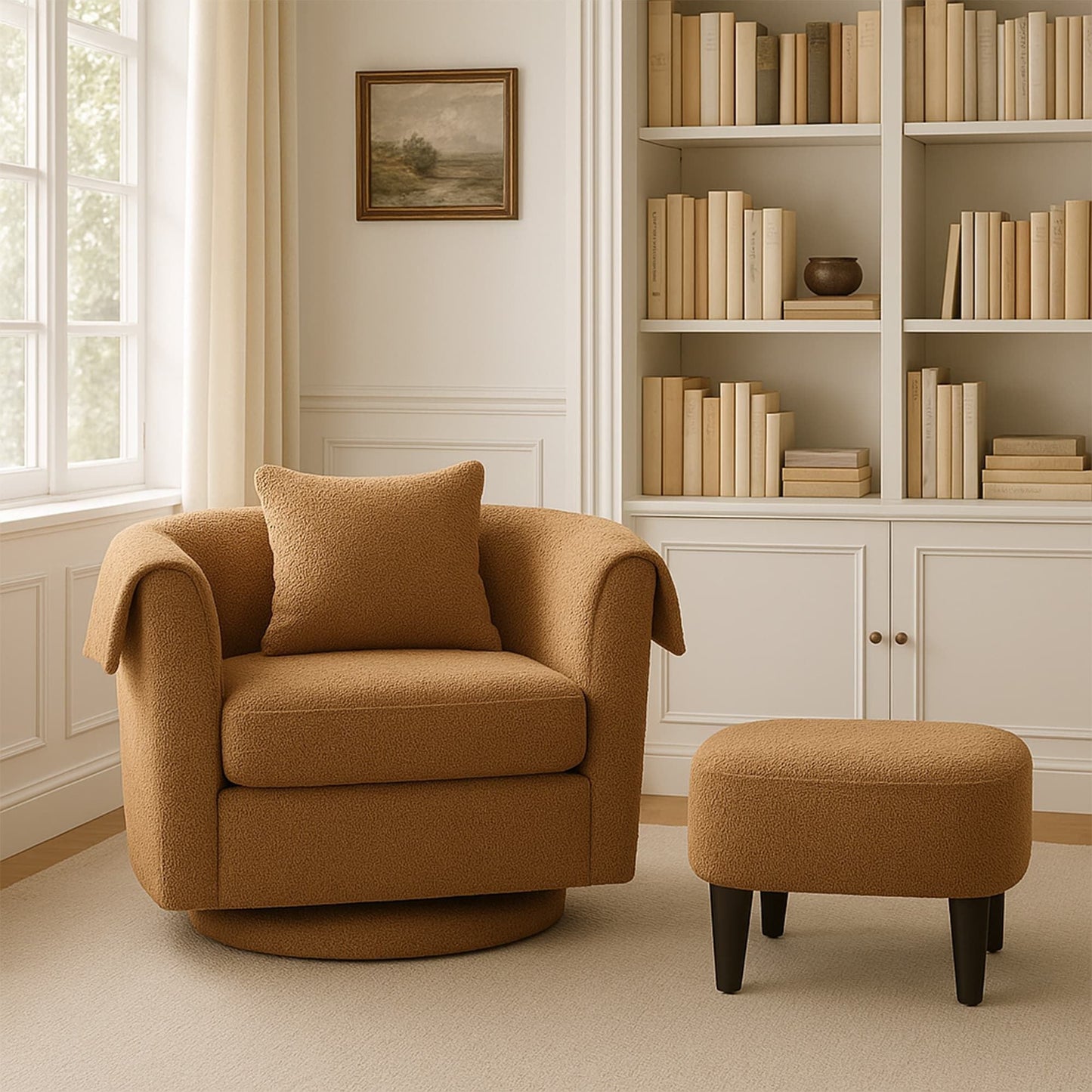 Swivel Accent Chair with Ottoman Set, Modern Chenille Barrel Armchair with Removable Back Pillow & 2 Armrest Covers for Living Room, Bedroom, Office, Yellow New Era Fashion LLc