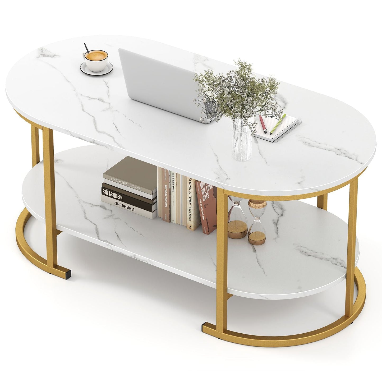 Marble Coffee Table with Open Storage Shelf New Era Fashion LLc