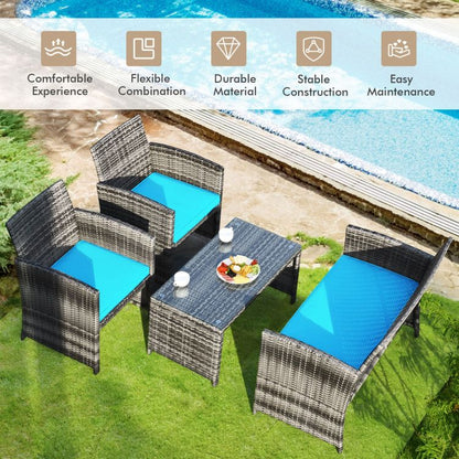 4 Pieces Patio Rattan Furniture Set with Glass Table and Loveseat New Era Fashion LLc