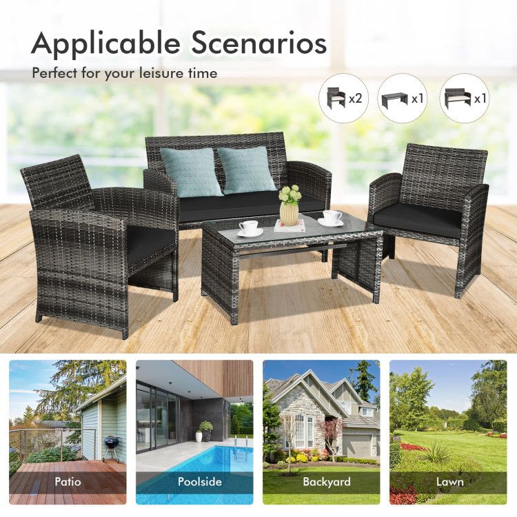 4 Pieces Patio Rattan Furniture Set with Glass Table and Loveseat New Era Fashion LLc