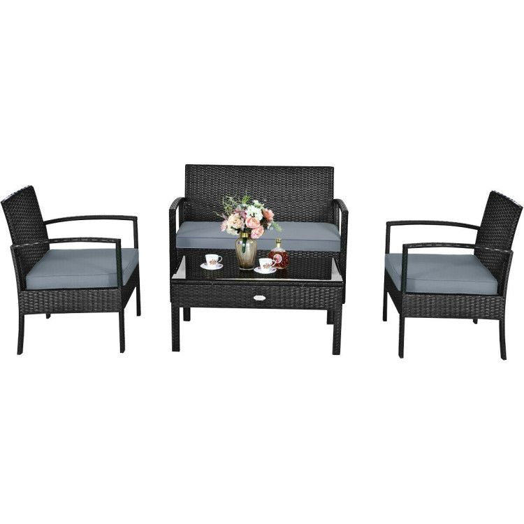 4 Pieces Patio Rattan Cushioned Furniture Set with Loveseat and Table Outdoor Conversation Sets New Era Fashion LLc