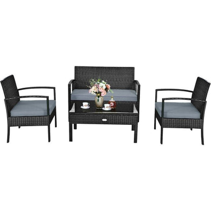 4 Pieces Patio Rattan Cushioned Furniture Set with Loveseat and Table Outdoor Conversation Sets New Era Fashion LLc