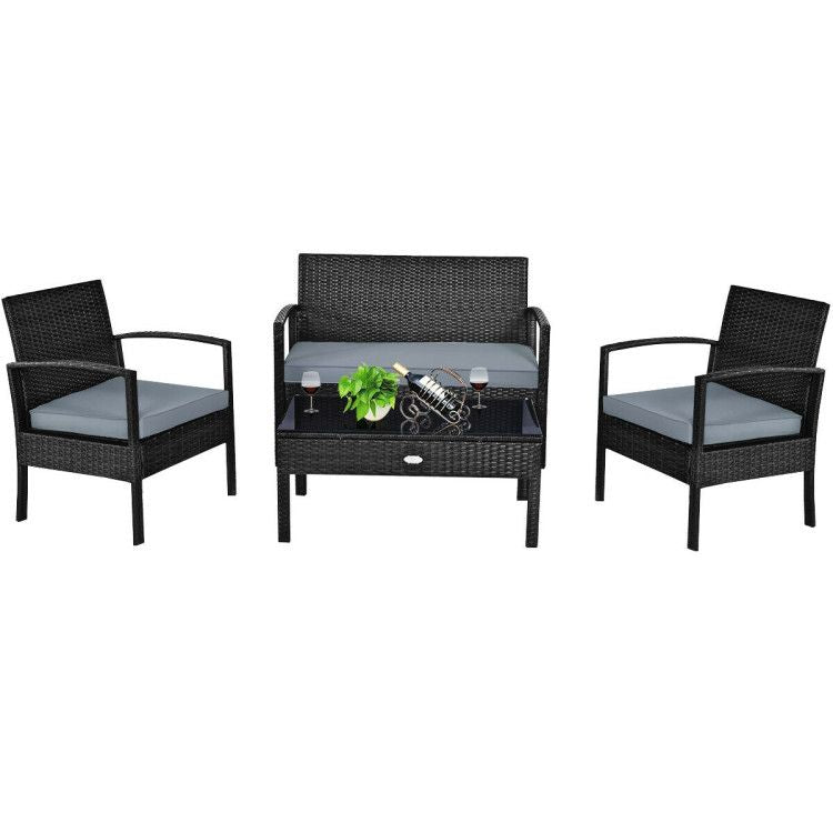 4 Pieces Patio Rattan Cushioned Furniture Set with Loveseat and Table Outdoor Conversation Sets New Era Fashion LLc