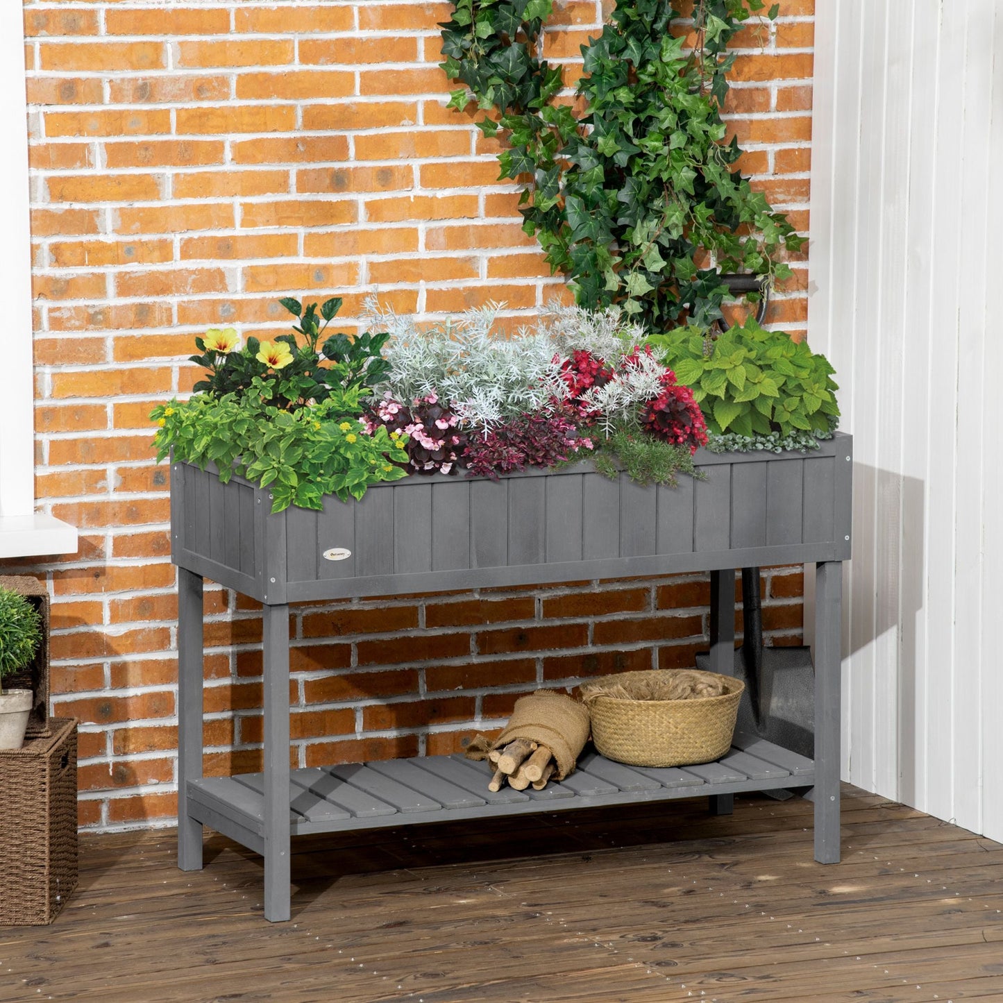 Elevated Planter Box Stand Wooden with 8 Slots and Shelf Dark Grey for Herbs Veggies Flowers New Era Fashion LLc