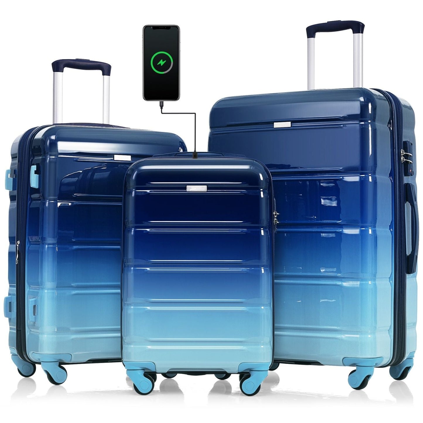 Luggage Set of 3, 20-inch with USB Port, Airline Certified Carry-on Luggage , ABS+PC Hard Shell Luggage with Spinner Wheels, Gradient Blue New Era Fashion LLc