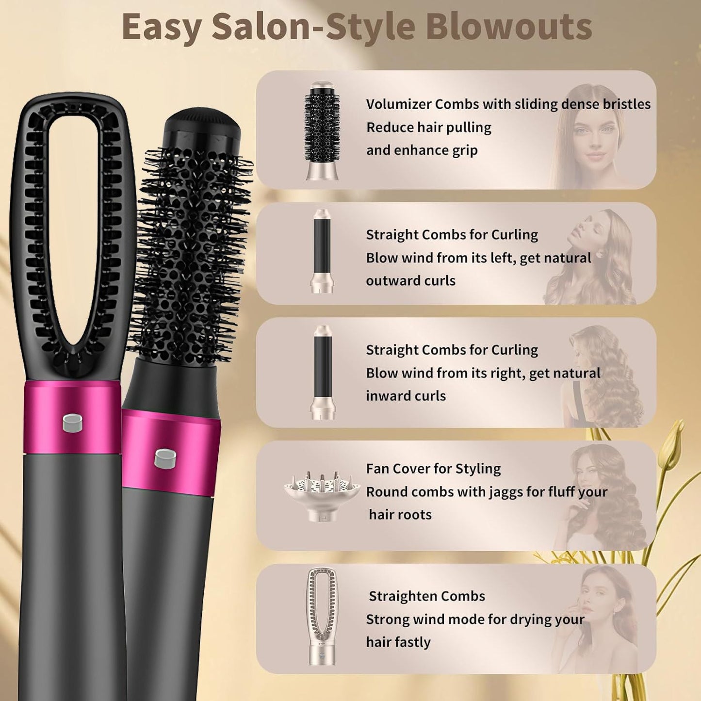 5 in 1 Hair Dryer Brush Kit, Blow Dryer Brush for Drying, Straightening, Volumizing, Curling and Styling Hair - 1000W - Gold New Era Fashion LLc