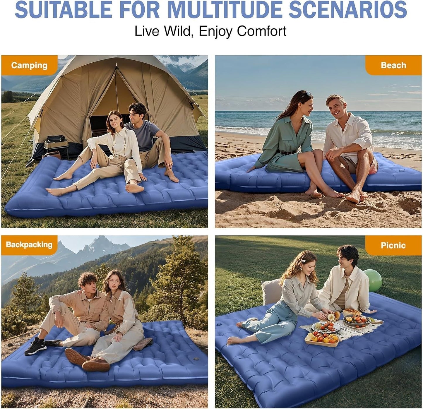 Camping Sleeping Pad, Ultralight Camping Mat with Pillow Built-in Foot Pump, 4" Thick Inflatable Sleeping Mat Compact for Backpacking, Hiking, Car Traveling, Camp Tent New Era Fashion LLc