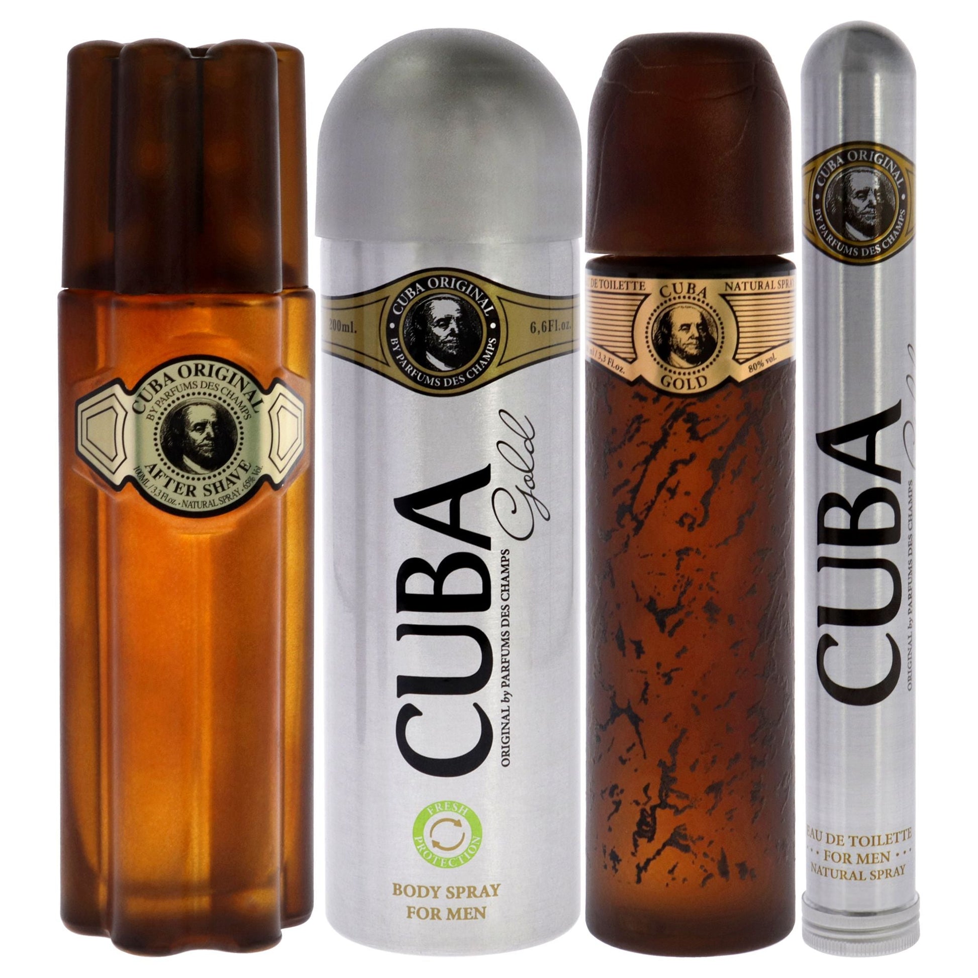 Cuba Gold by Cuba for Men - 4 Pc Gift Set 3.3oz EDT Spray, 1.17oz EDT Spray, 6.6oz Deodorant Spray, 3.3oz After Shave, Buckett New Era Fashion LLc