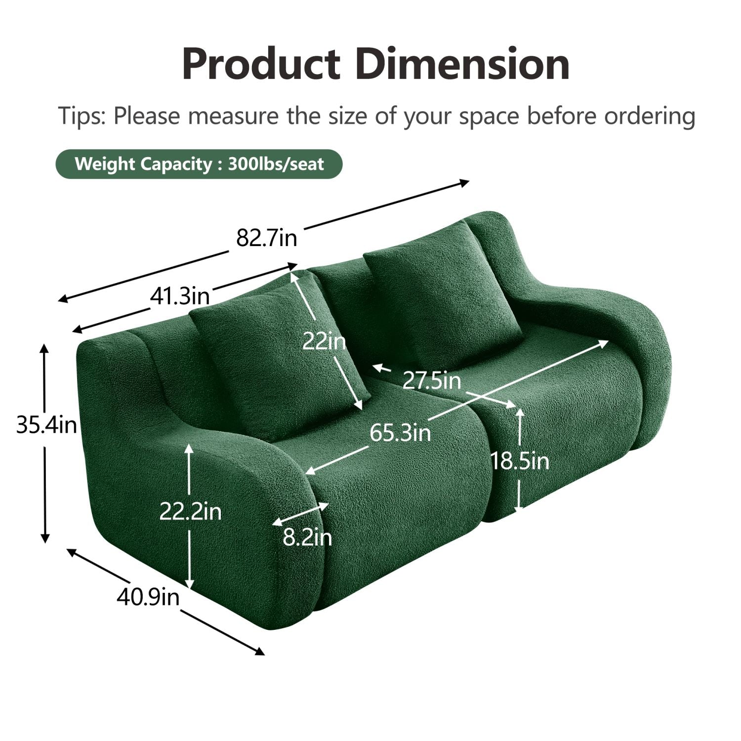 Soft Teddy Fabric Boneless Sofa,No Assembly Required Streamlined Design,Anti-Slip Design 32D High Density Sponge Fits Living Rooms Bedrooms,Green New Era Fashion LLc