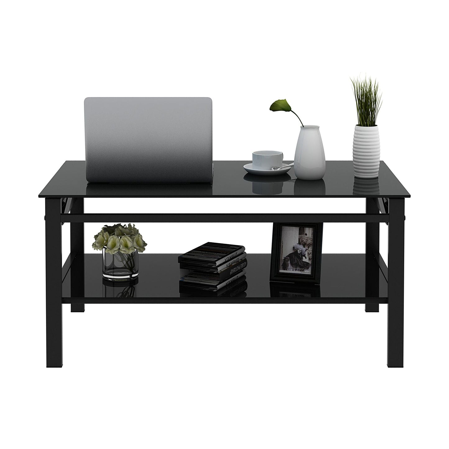 Glass Lift Top Coffee Table;  Modern Simple 2-Layer Tempered Glass Coffee Table for Living Room;  Black New Era Fashion LLc