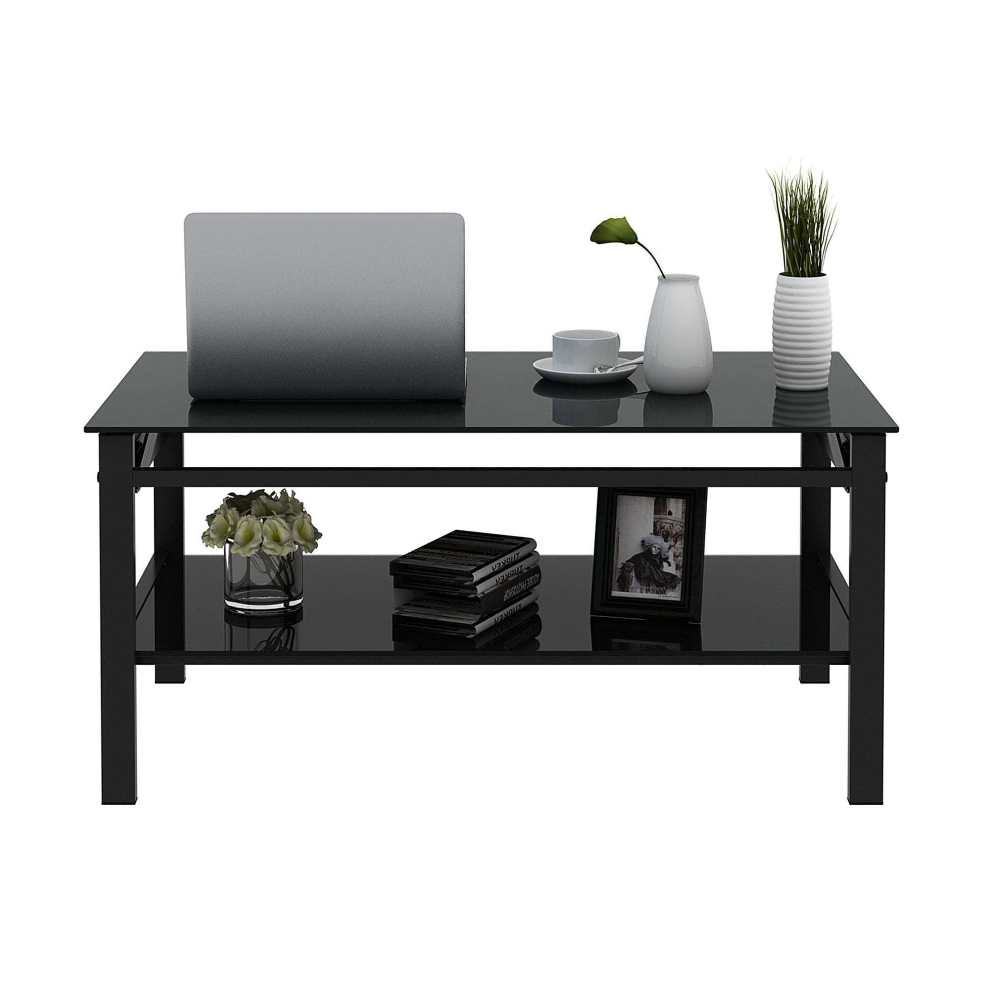 Glass Lift Top Coffee Table;  Modern Simple 2-Layer Tempered Glass Coffee Table for Living Room;  Black New Era Fashion LLc