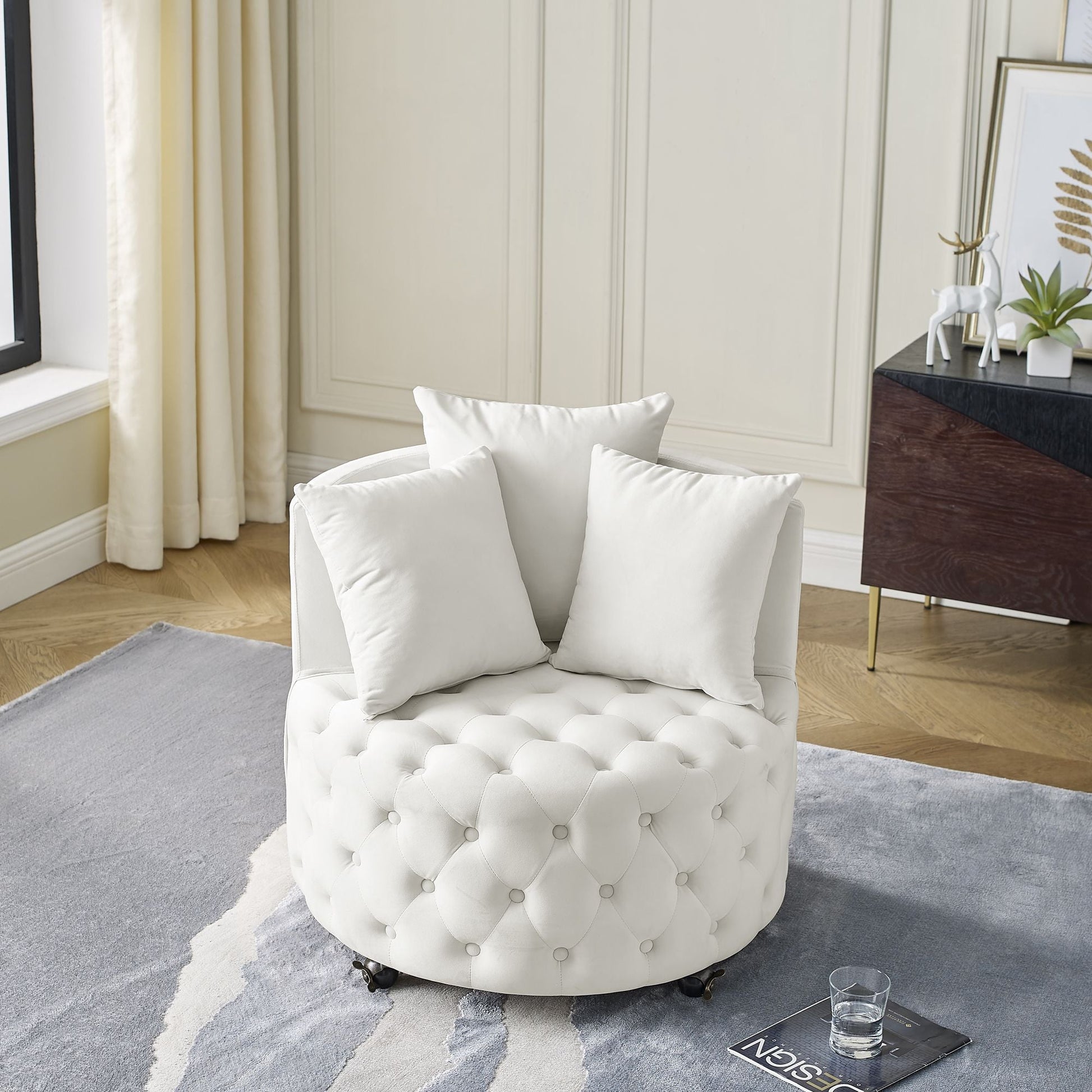 Velvet Upholstered Swivel Chair for Living Room, with Button Tufted Design and Movable Wheels, Including 3 Pillows New Era Fashion LLc