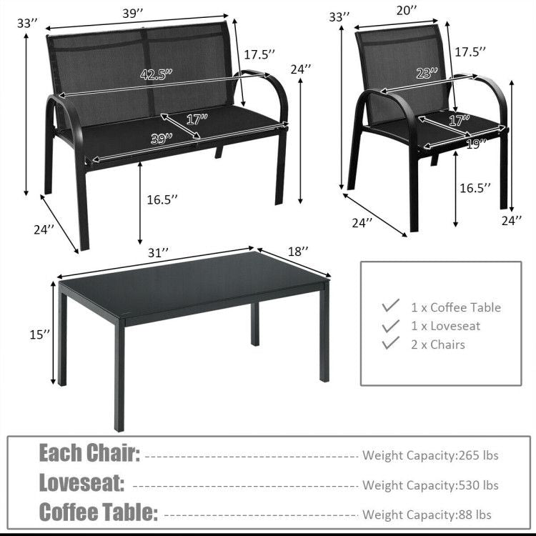 4 Pieces Patio Furniture Set with Glass Top Coffee Table New Era Fashion LLc