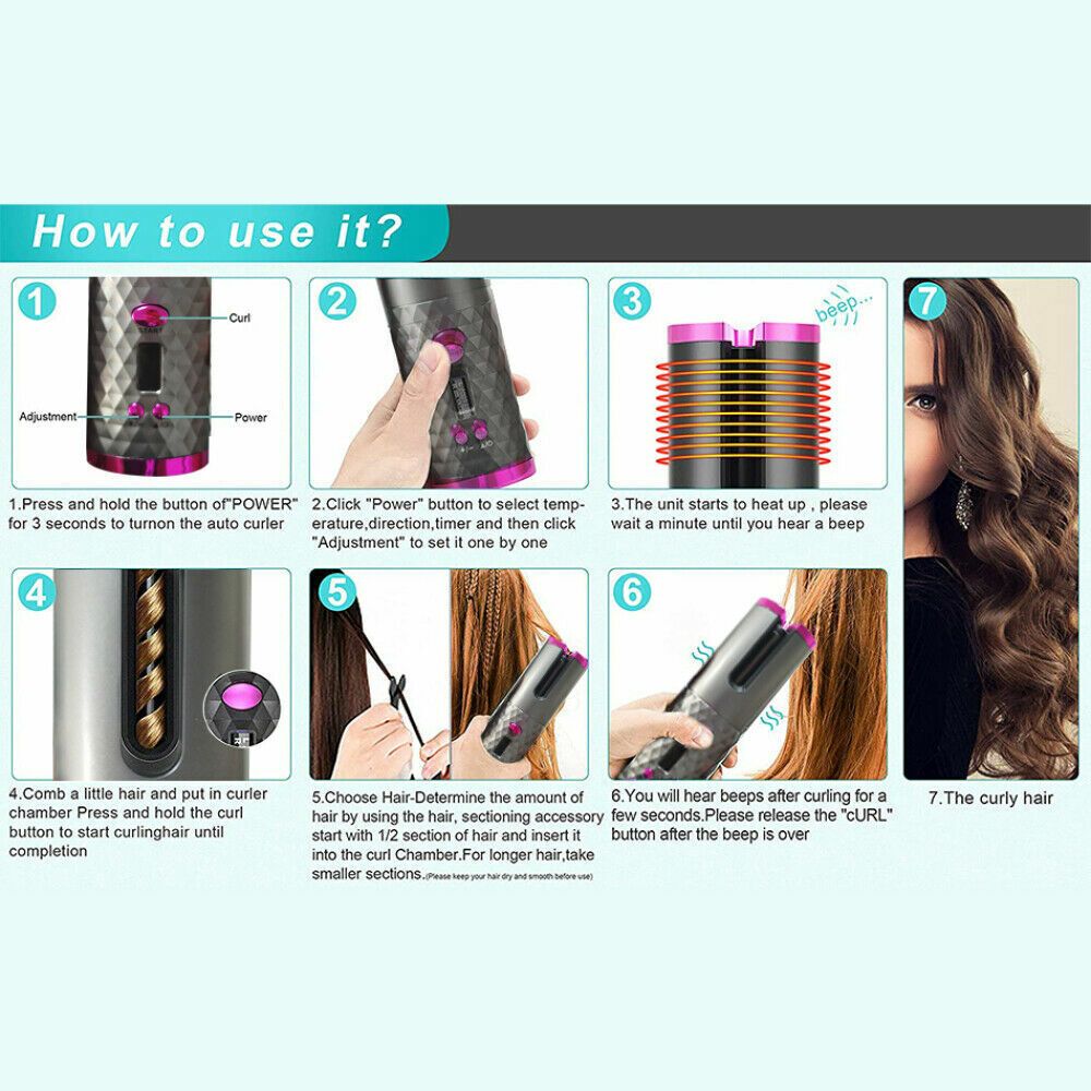 Hair Curler LCD Cordless Auto Rotating Waver Curling Iron Ceramic Wireless USA New Era Fashion LLc