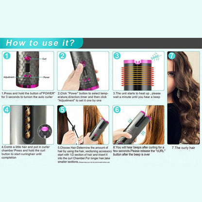 Hair Curler LCD Cordless Auto Rotating Waver Curling Iron Ceramic Wireless USA New Era Fashion LLc