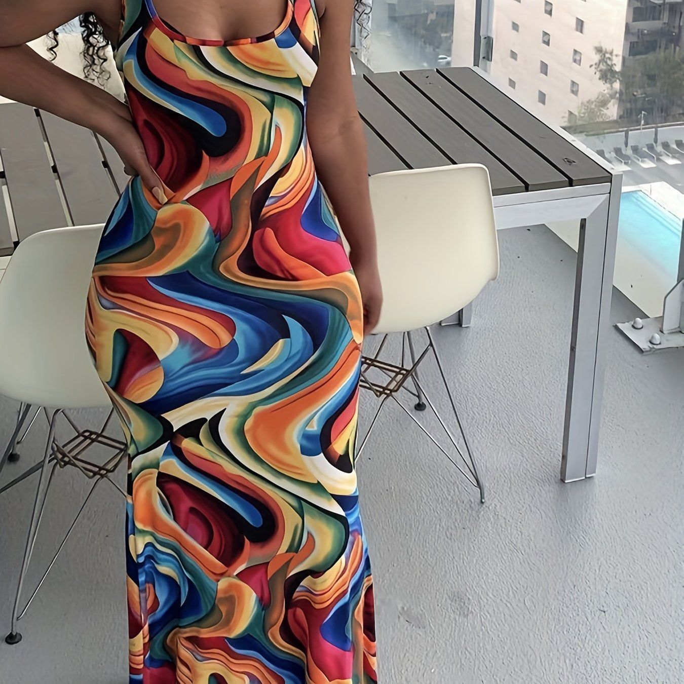Abstract Ripple Print Dress, Sexy U Neck Sleeveless Bodycon Maxi Dress, Women's Clothing New Era Fashion LLc