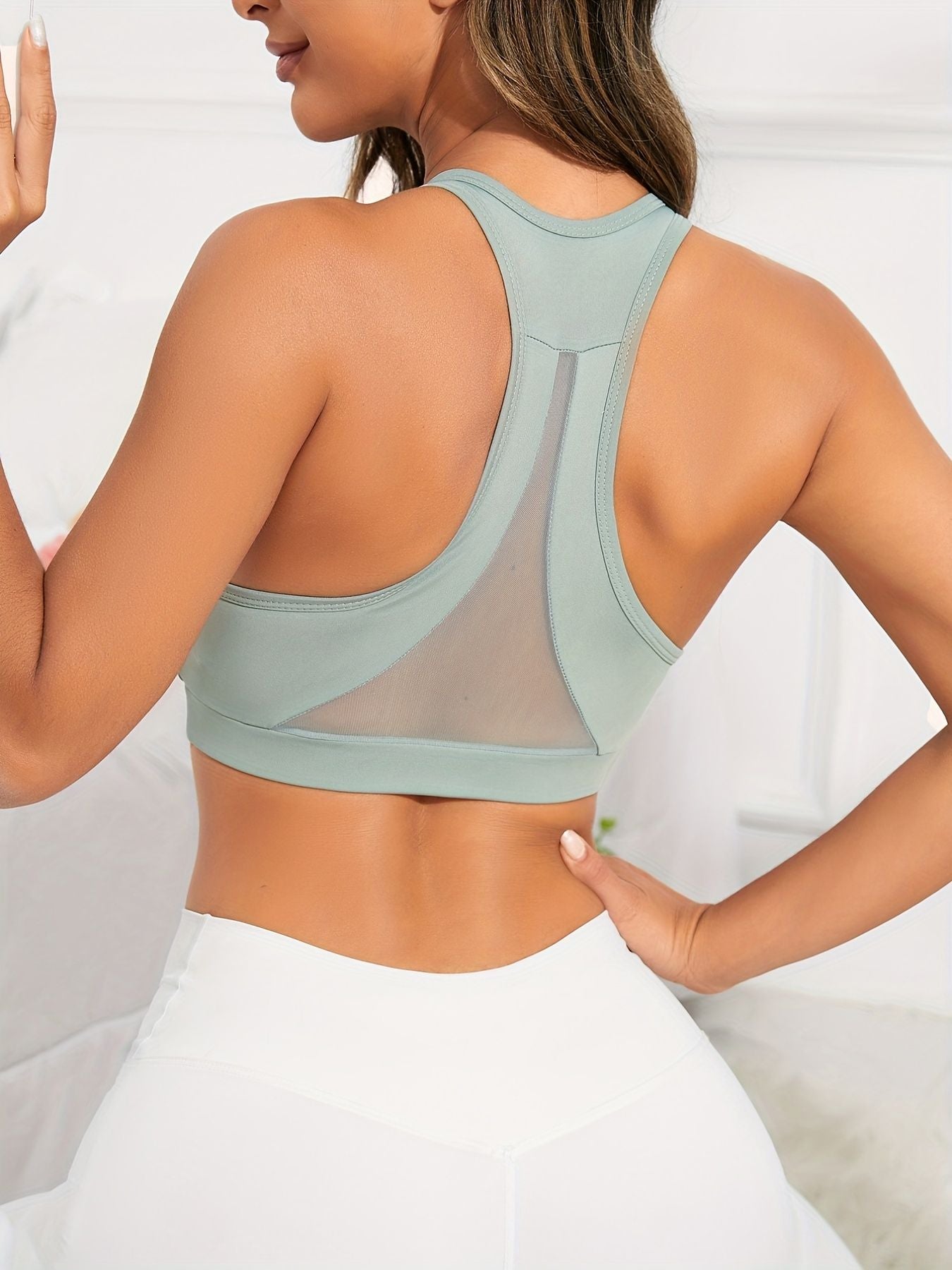 Green Solid Color Breathable Mesh Stitching Tank Top, Sports Yoga Fitness Bra New Era Fashion LLc