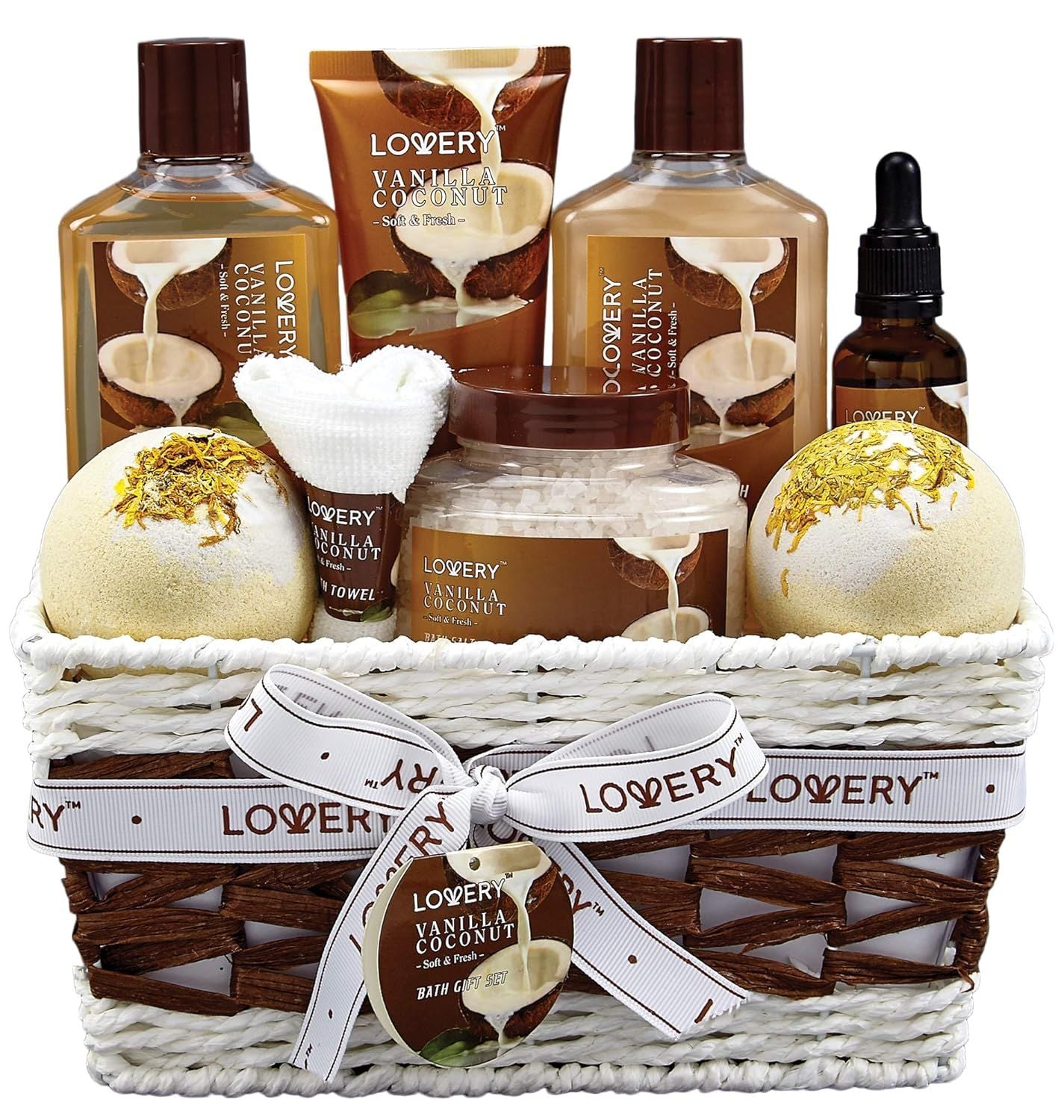 Gifts For Women Gift Basket for Women– 9 Piece Set of Vanilla Coconut Home Spa Set, Luxurious Gifts for Her, Bath and Body Sets Includes Fragrant Lotions, Large Bath Bombs, Coconut Oil New Era Fashion LLc