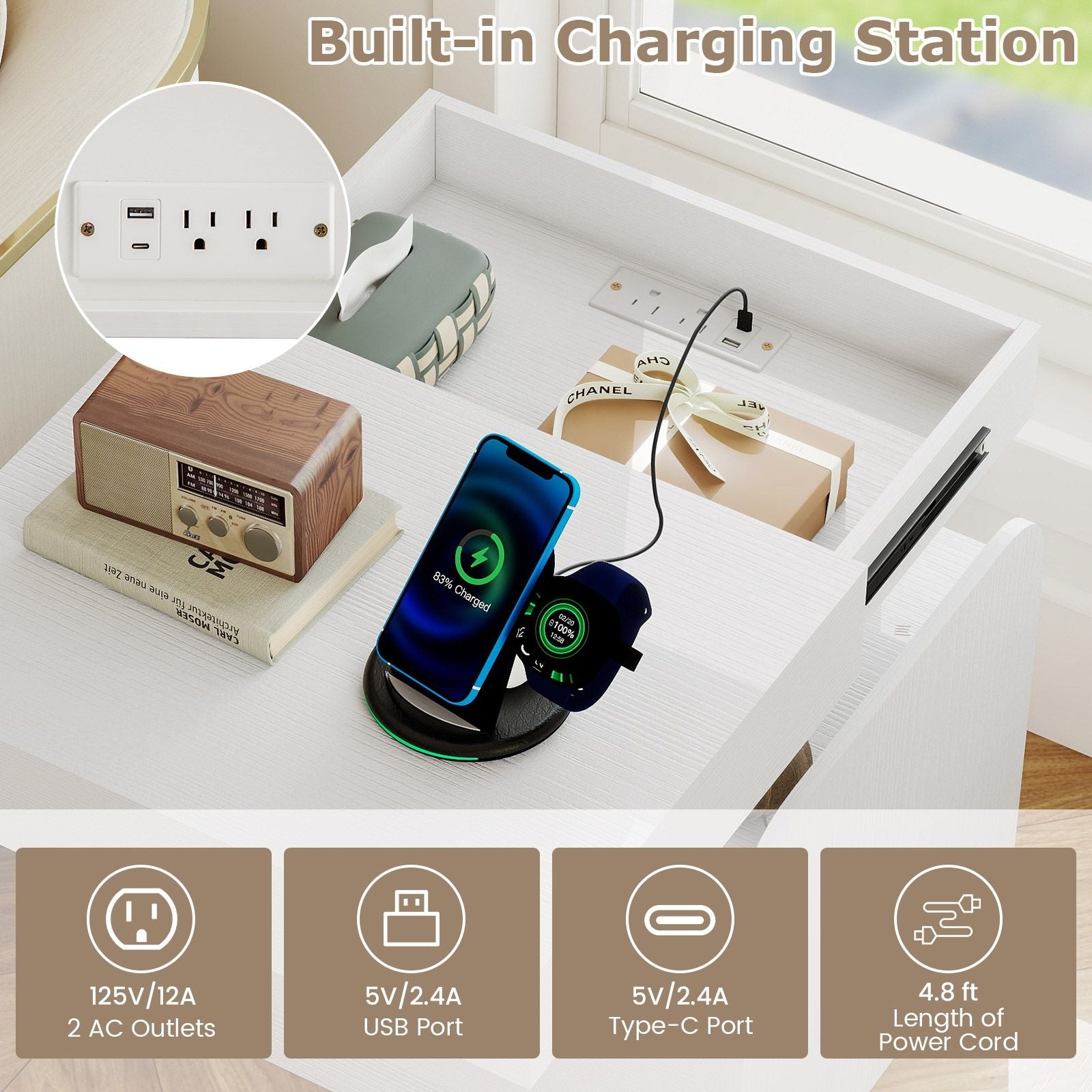 Nightstand with Charging Station Modern Bedside Table for Living Room Bedroom Office New Era Fashion LLc