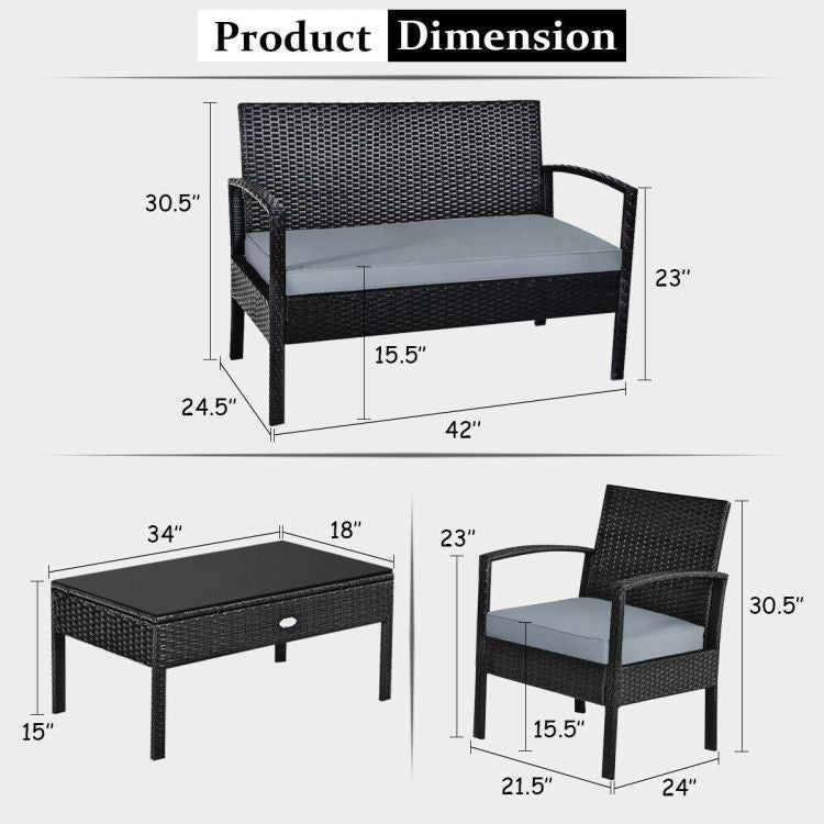 4 Pieces Patio Rattan Cushioned Furniture Set with Loveseat and Table Outdoor Conversation Sets New Era Fashion LLc