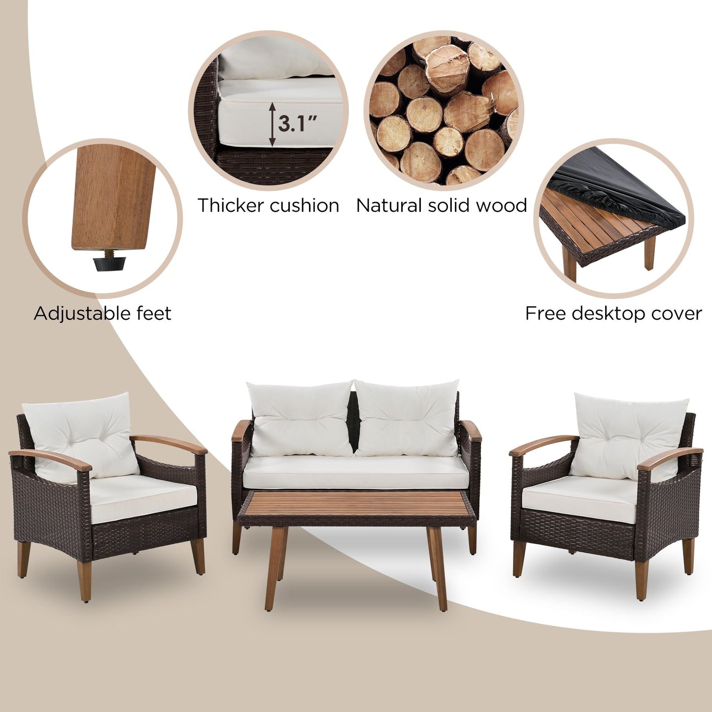 4-Piece Garden Furniture; Patio Seating Set; PE Rattan Outdoor Sofa Set; Wood Table and Legs; Brown and Beige New Era Fashion LLc