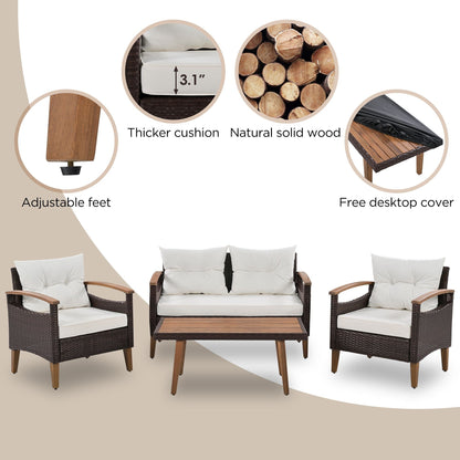 4-Piece Garden Furniture; Patio Seating Set; PE Rattan Outdoor Sofa Set; Wood Table and Legs; Brown and Beige New Era Fashion LLc