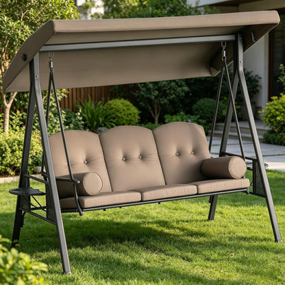 3-Seat Outdoor Patio Swing Chair Porch Glider with Adjustable Canopy Removable Cushion Pillows Side Trays for Garden Poolside Backyard Brown New Era Fashion LLc