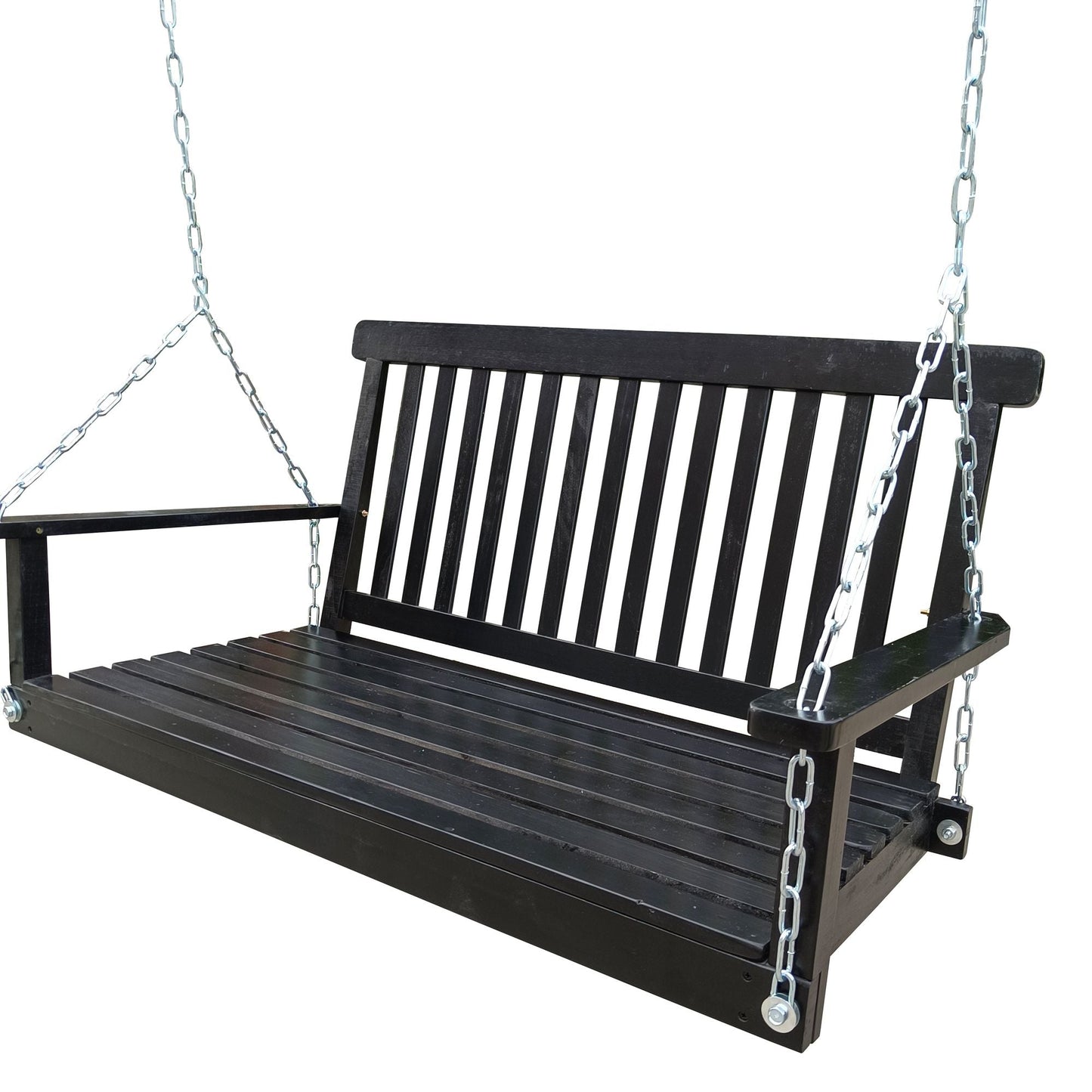 Front Porch Swing with Armrests;  Wood Bench Swing with Hanging Chains; for Outdoor Patio ; Garden Yard;  porch;  backyard;  or sunroom; Easy to Assemble; black New Era Fashion LLc