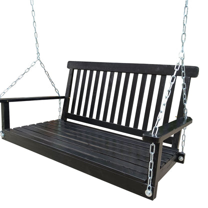 Front Porch Swing with Armrests;  Wood Bench Swing with Hanging Chains; for Outdoor Patio ; Garden Yard;  porch;  backyard;  or sunroom; Easy to Assemble; black New Era Fashion LLc
