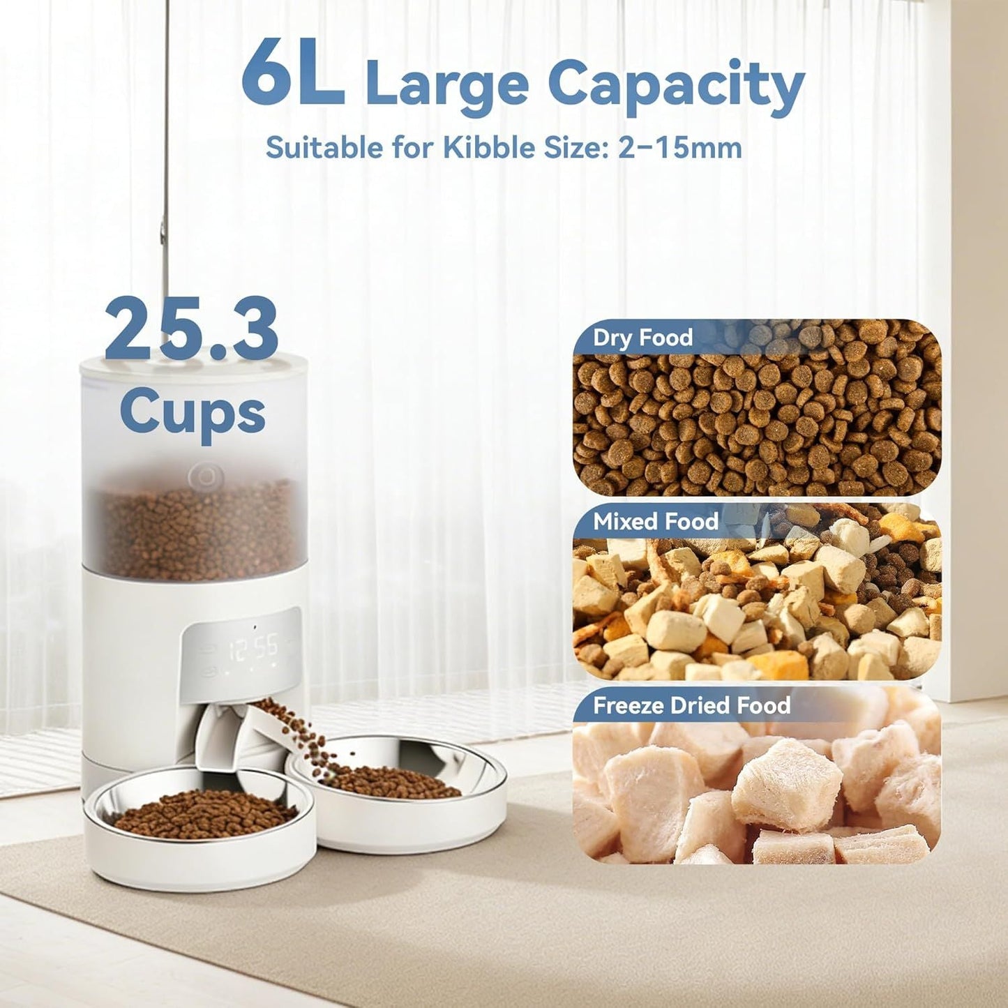 6L Automatic Cat Feeder for 2 Cats, Timed Cat Food Dispenser with 2 Stainless Bowls, 10s Voice Recorder, Dual Power Supply, 6 Meals 50 Portions Per Day, Dual Pet Feeder for Cat and Dog New Era Fashion LLc