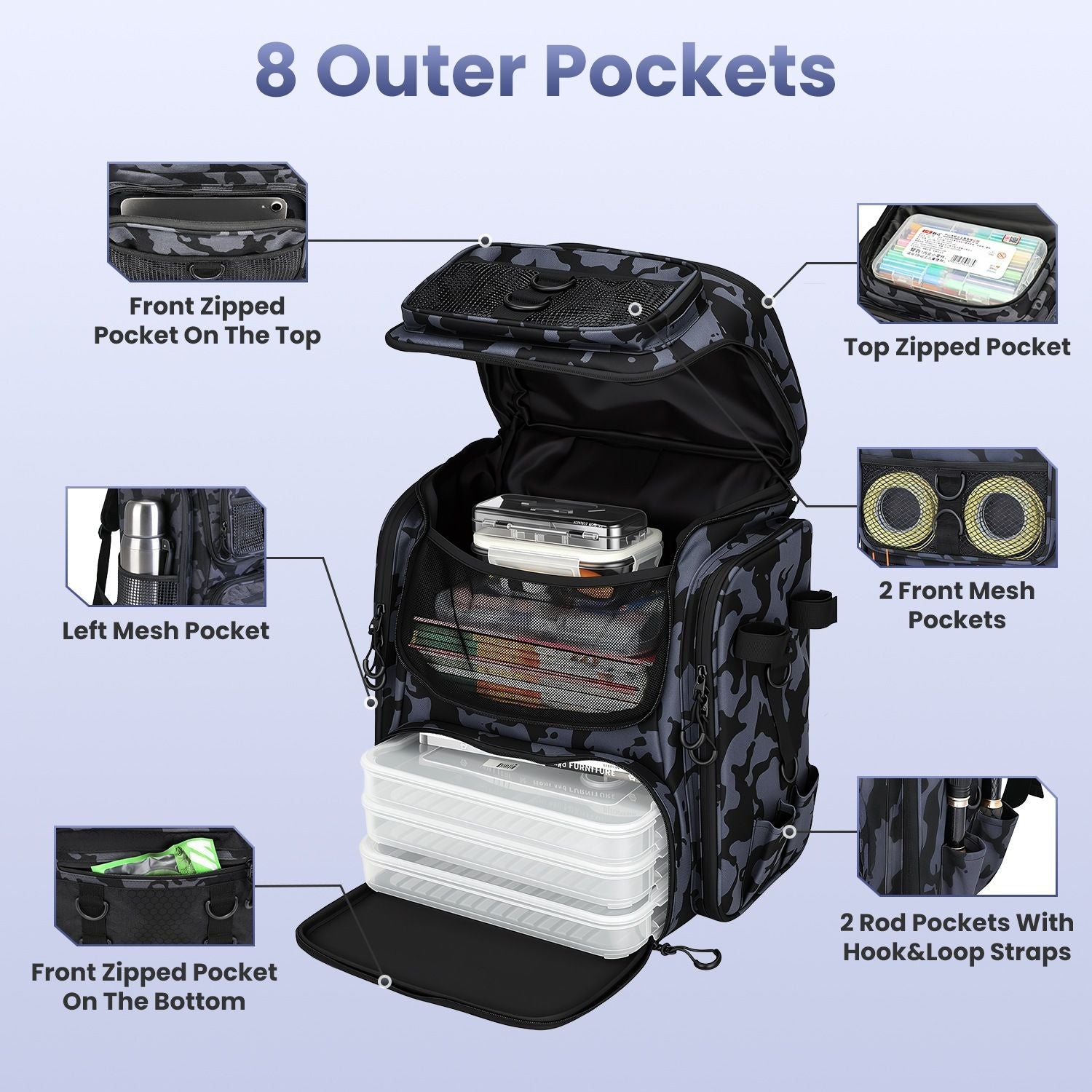 42L/11Gal Fishing Backpack Large Capacity Fishing Tackle Storage Bag with Rod Holders 16-Pocket Water-Resistant with Divider Adjustable Padded Straps for Fishing Gear Outdoor Camping Hiking New Era Fashion LLc