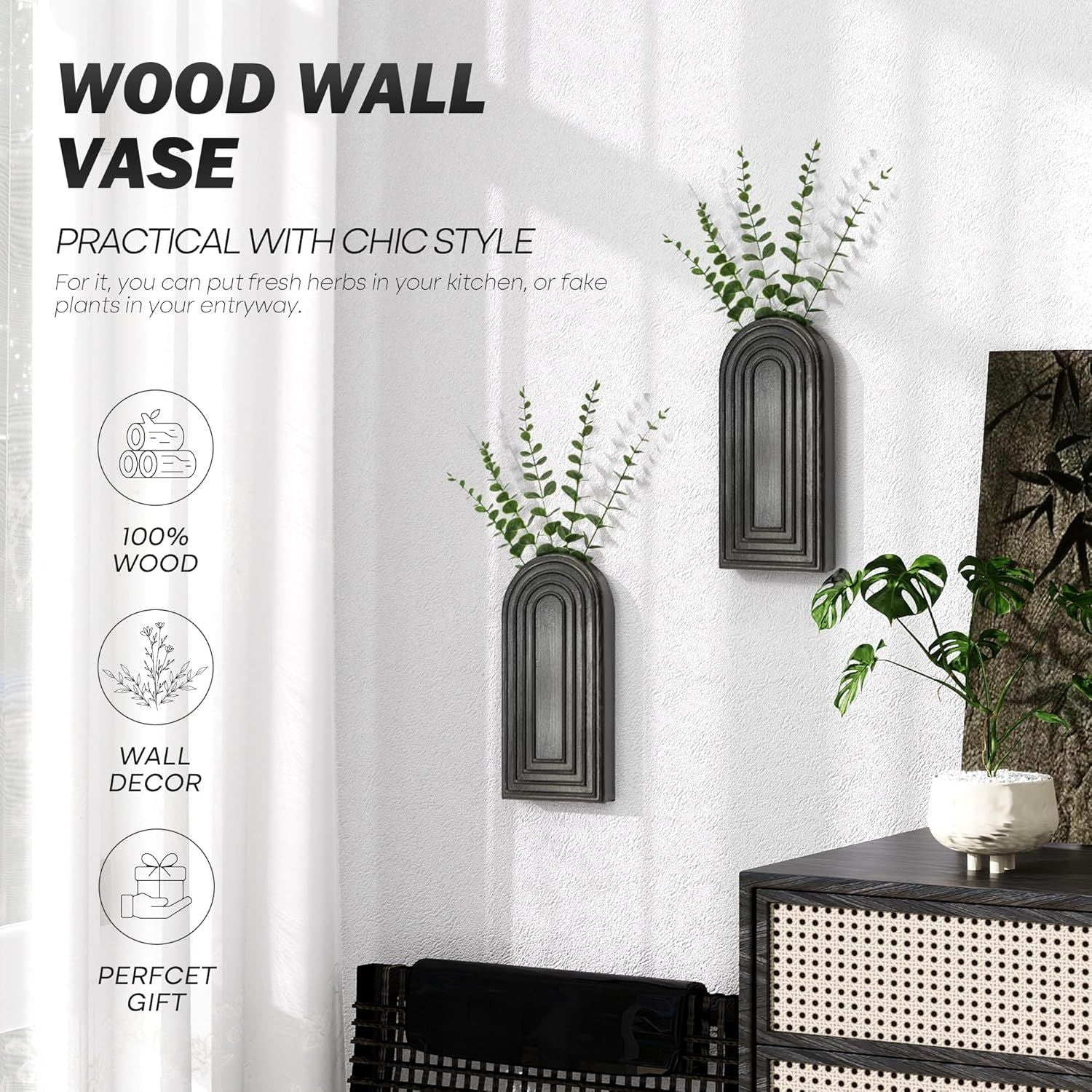 Pine Wood Wall Vases Set of 2 – Modern Wall Decor & Hanging Planters for Indoor Plants – Boho Home Decor Accent with Rustic Charm for Living Room, Kitchen & Bedroom (Black) New Era Fashion LLc