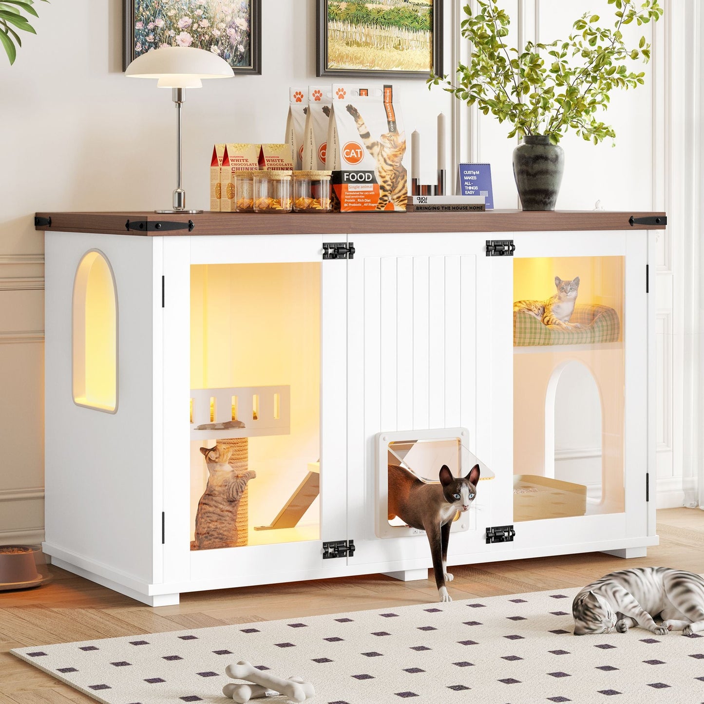 47.25" Large Cat Litter Box Enclosure with LED Light, Hidden Litter Box Furniture, Cat House with Stairs and Cat Scratching Post, Cat Cabinet Side Table with Smart Doors for Living Room New Era Fashion LLc