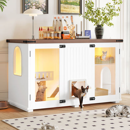 47.25" Large Cat Litter Box Enclosure with LED Light, Hidden Litter Box Furniture, Cat House with Stairs and Cat Scratching Post, Cat Cabinet Side Table with Smart Doors for Living Room New Era Fashion LLc