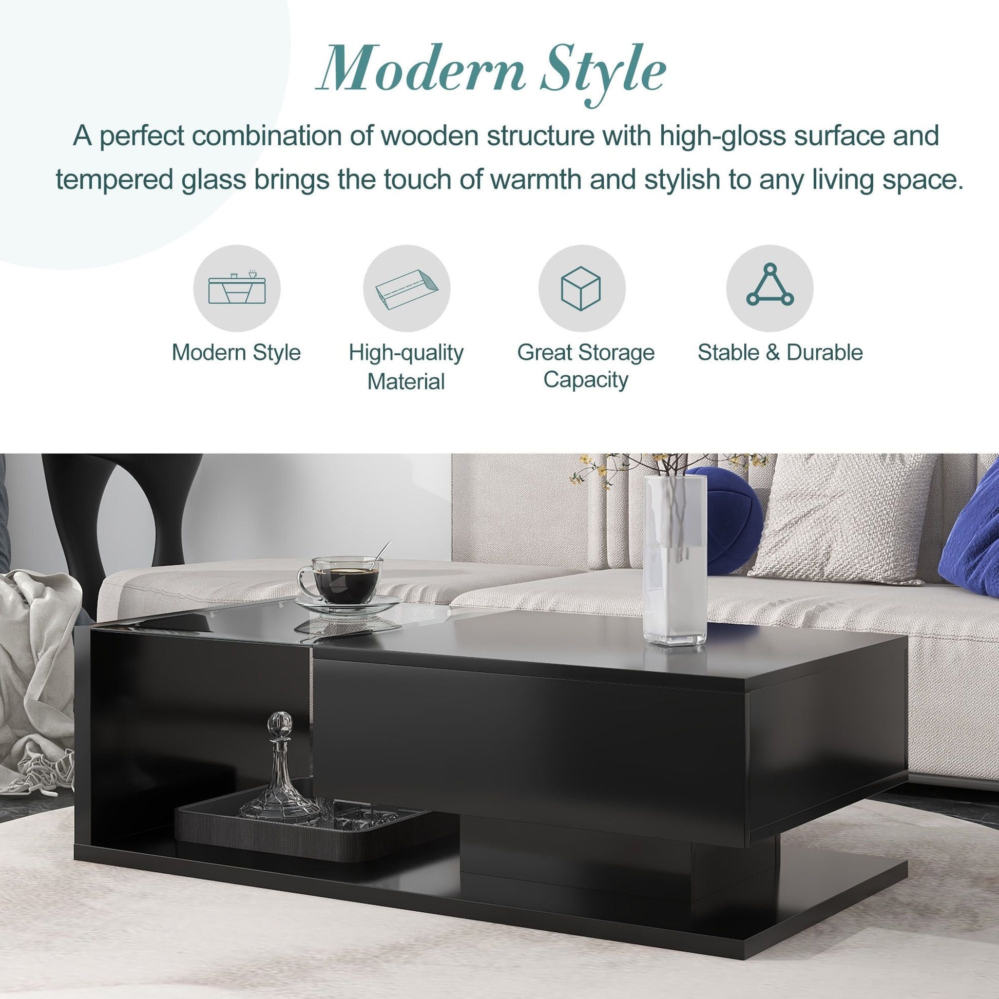[VIDEO provided] ON-TREND Modern Coffee Table with Tempered Glass, Wooden Cocktail Table with High-gloss UV Surface, Modernist 2-Tier Rectangle Center Table for Living Room, Black New Era Fashion LLc