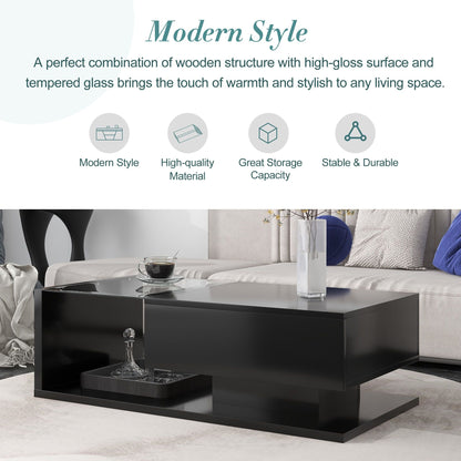 [VIDEO provided] ON-TREND Modern Coffee Table with Tempered Glass, Wooden Cocktail Table with High-gloss UV Surface, Modernist 2-Tier Rectangle Center Table for Living Room, Black New Era Fashion LLc