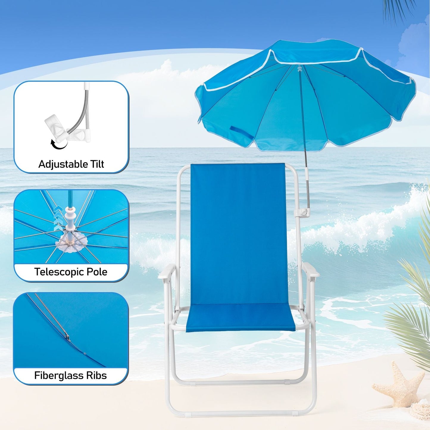 1 Pack Heavy Duty Steel Beach Chair with Umbrella, XL Size 15" Seat Height Royal Blue, Oxford Cloth with Support Bar, Single Position Adjustable, 120kg Load New Era Fashion LLc