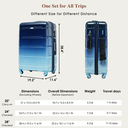 Luggage Set of 3, 20-inch with USB Port, Airline Certified Carry-on Luggage , ABS+PC Hard Shell Luggage with Spinner Wheels, Gradient Blue New Era Fashion LLc