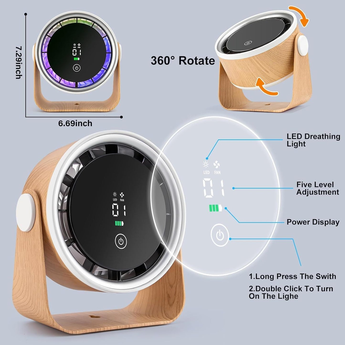 Small Desk Fan 5000mAh Rechargeable Battery Powered -Retro Low Noise Quiet Portable Gentle Blowing with LED Night Light Office Bedroom Table Top Wall Hanging Kitchen Camping Dorm 5-Speed 360° Rotation New Era Fashion LLc