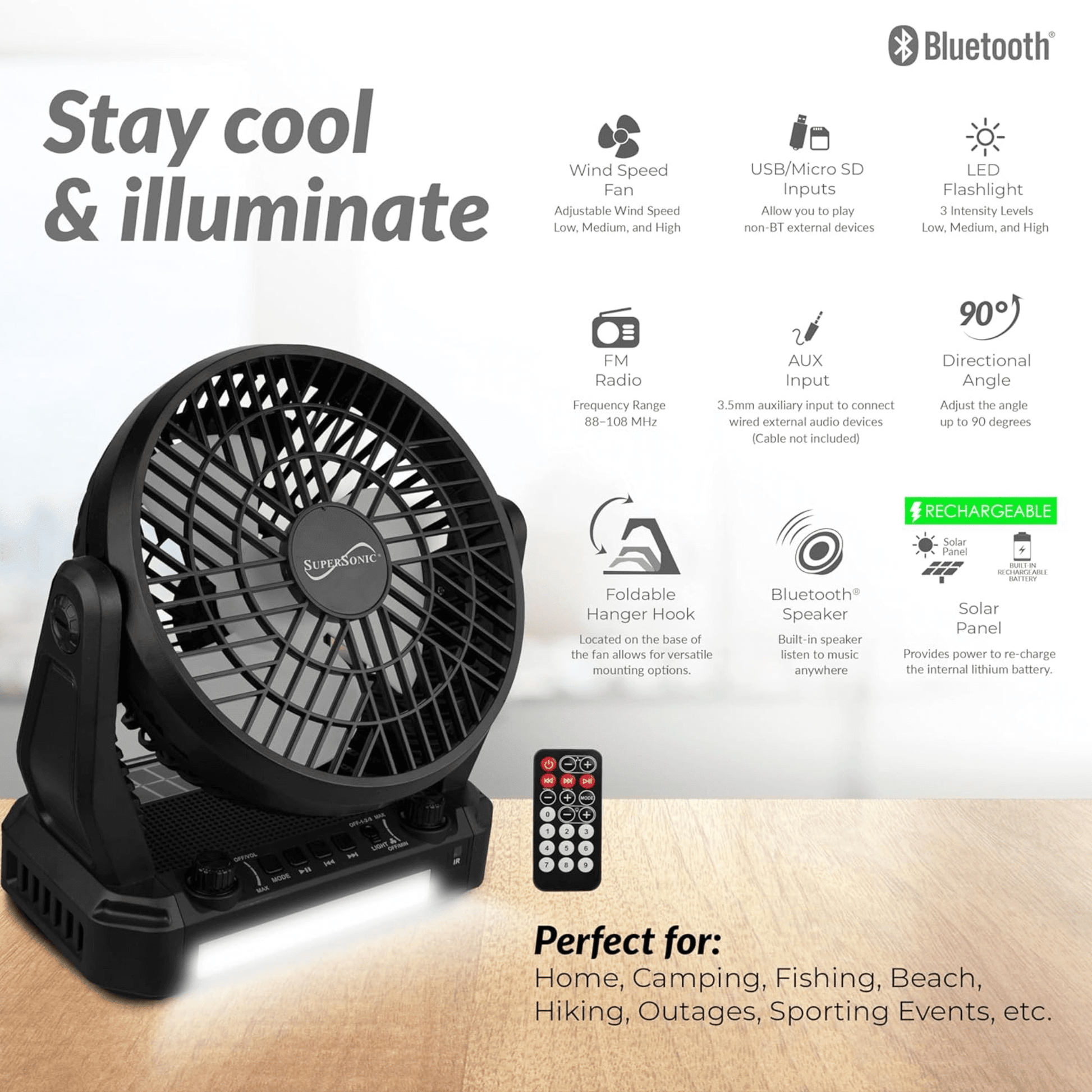 Supersonic Solar-Powered BT Speaker with FM Radio, LED Flashlight & Fan New Era Fashion LLc
