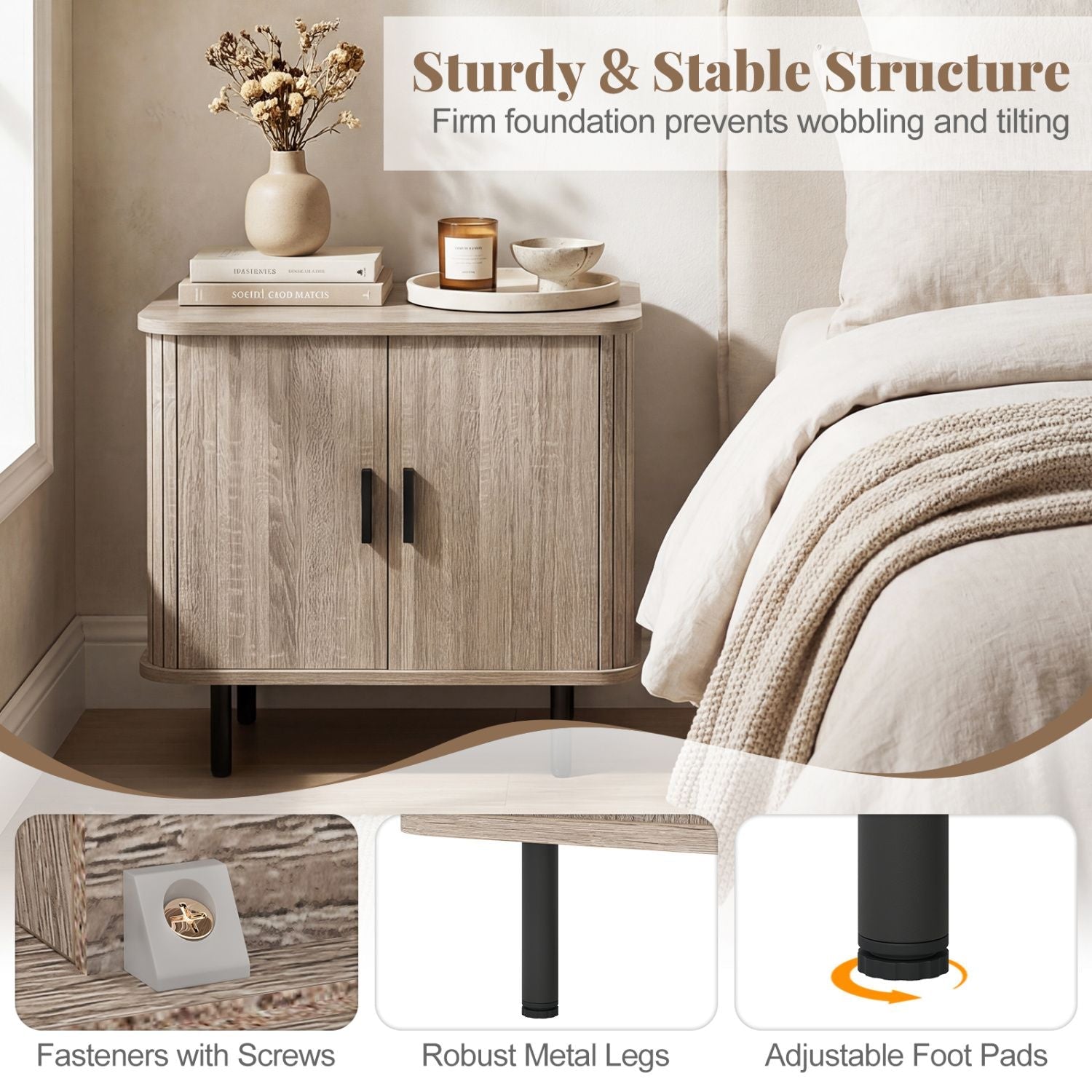 End Table Modern Mid Century Nightstand with Sliding Tambour Doors and Storage Shelf New Era Fashion LLc