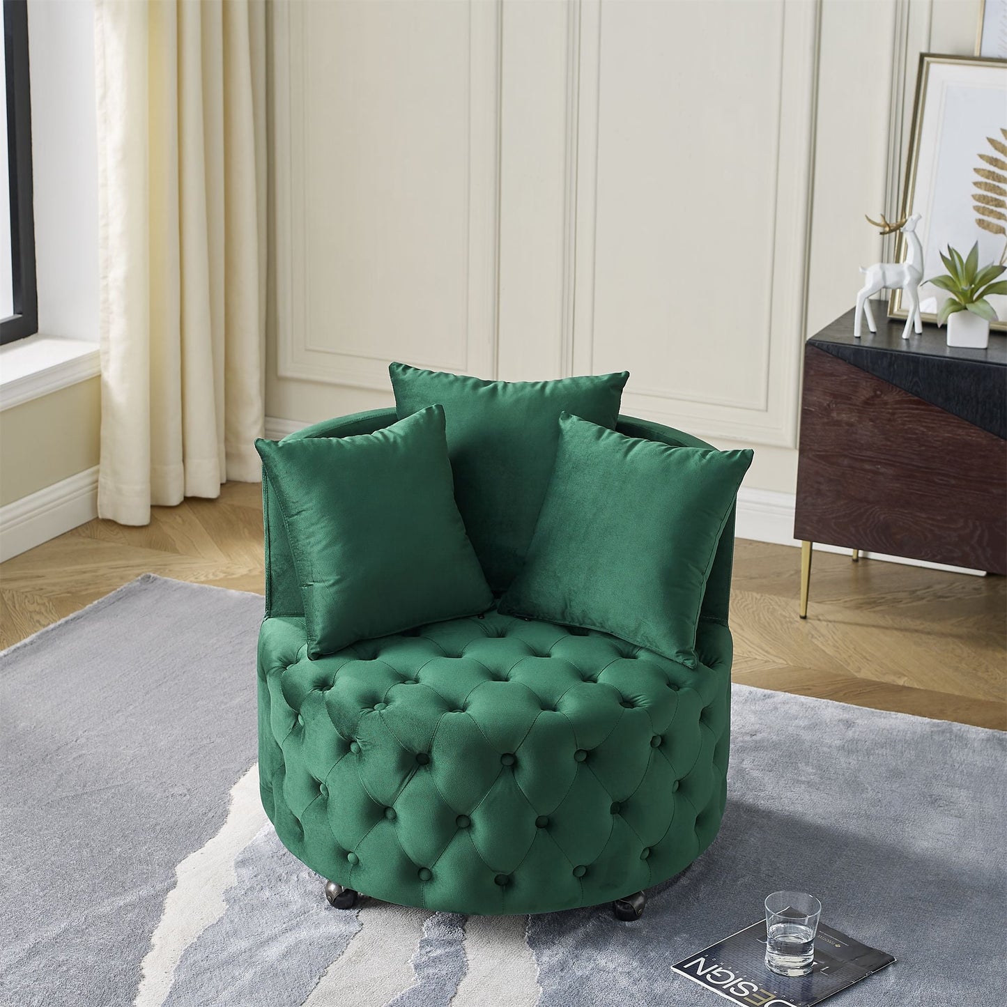 Velvet Upholstered Swivel Chair for Living Room, with Button Tufted Design and Movable Wheels, Including 3 Pillows New Era Fashion LLc