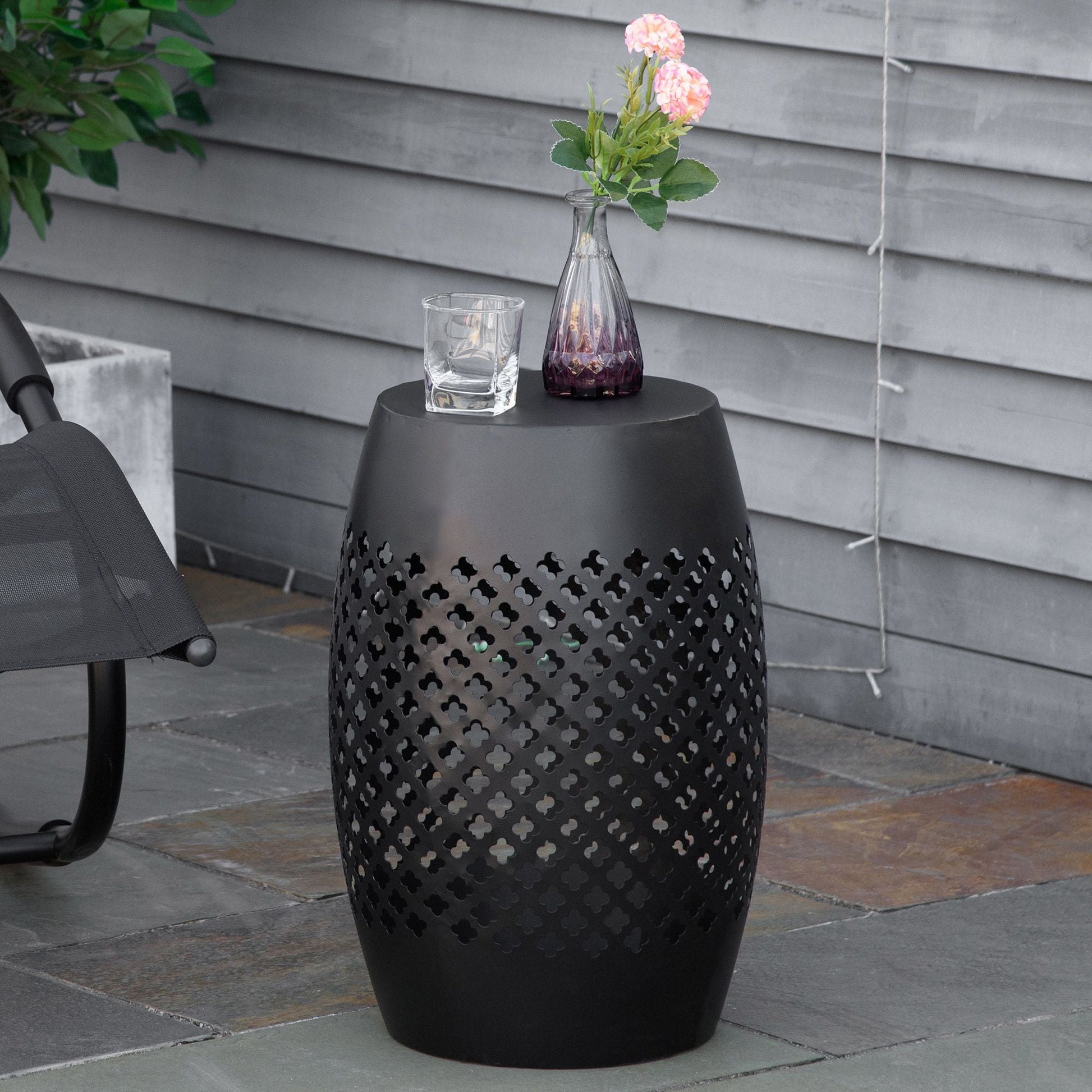 12.5" Steel Outdoor Side Table, Round Hollow Drum Patio End Table, Accent Table for Indoor and Outdoor, Black New Era Fashion LLc