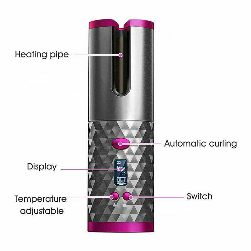 Hair Curler LCD Cordless Auto Rotating Waver Curling Iron Ceramic Wireless USA New Era Fashion LLc