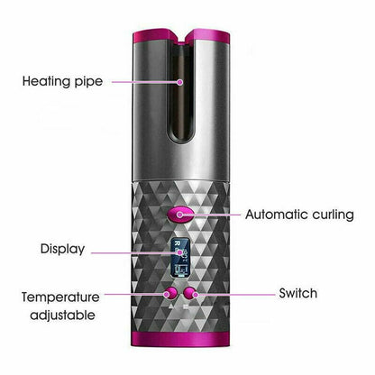 Hair Curler LCD Cordless Auto Rotating Waver Curling Iron Ceramic Wireless USA New Era Fashion LLc