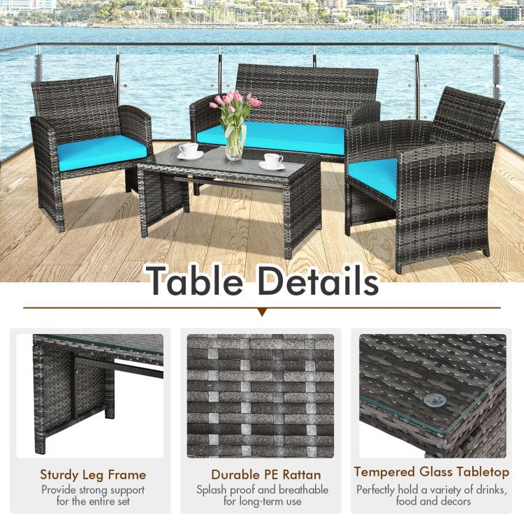 4 Pieces Patio Rattan Furniture Set with Glass Table and Loveseat New Era Fashion LLc